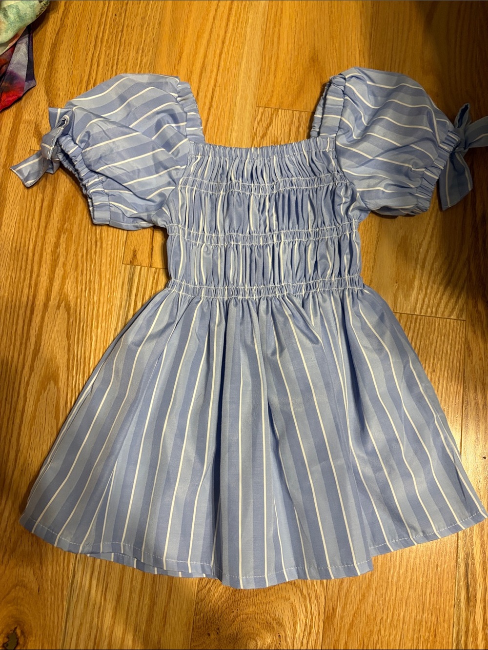 Habitual Light Blue and White Striped Puff-Sleeve Dress